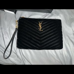 YSL Saint Laurent Monogram Matelass Velvet wristlet in Noir with gold details